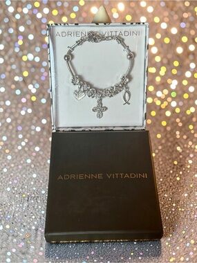 Adrienne Vittadini Silver-Tone Crystal Charm Bracelet with Cross & Heart